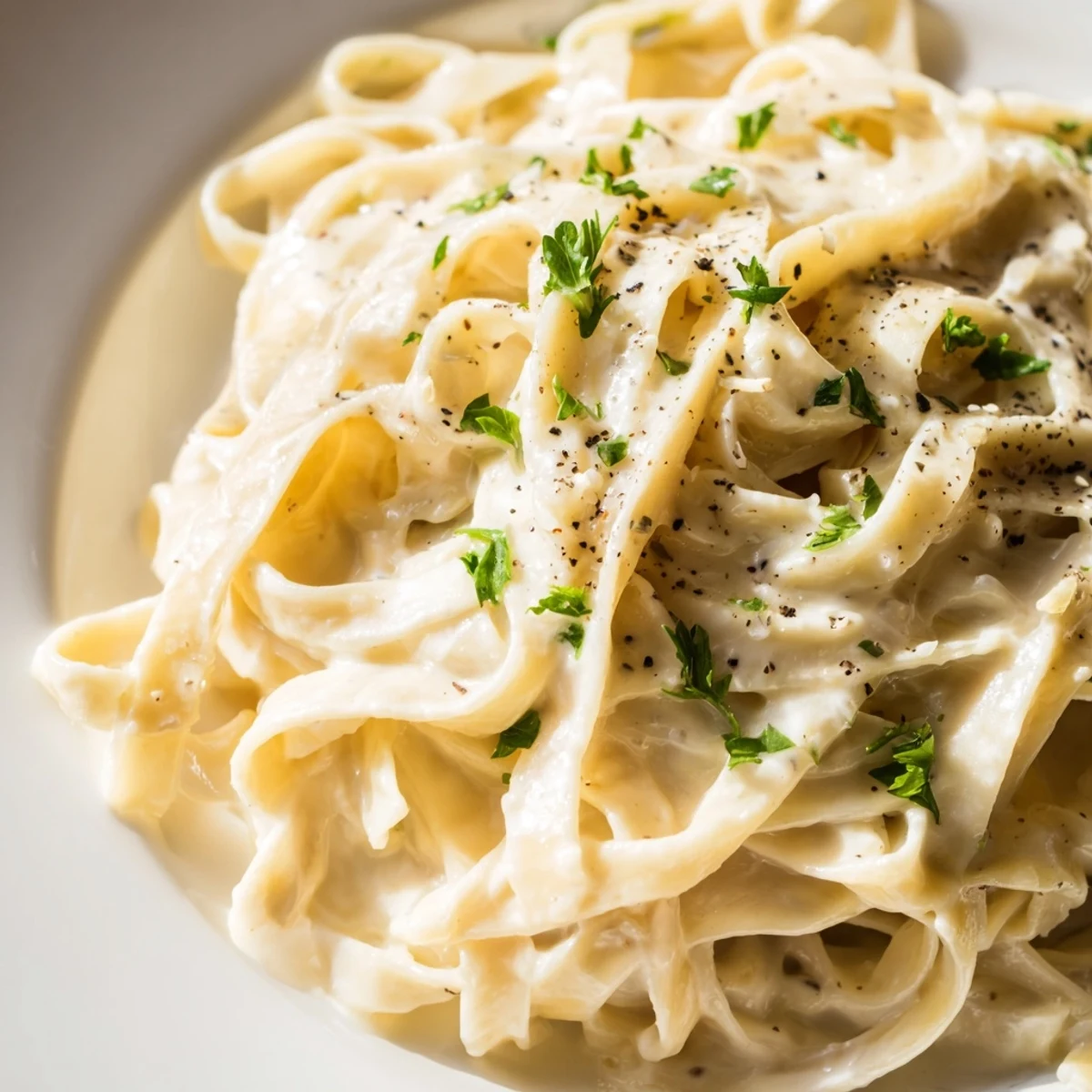 Creamy Sauce over Pasta twirled on a fork, coated in a silky, garlic-Parmesan sauce, ready to serve.