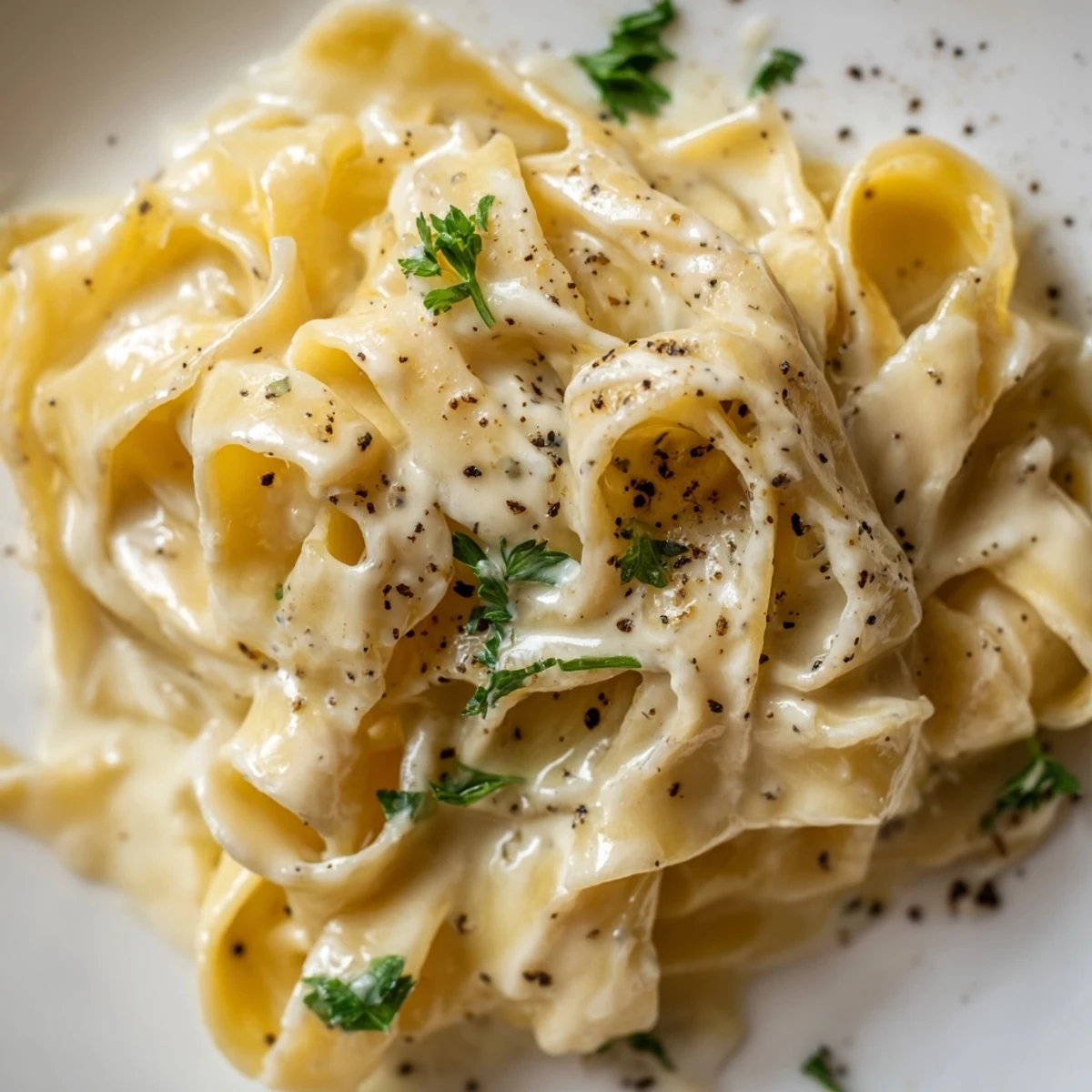Steaming Creamy Sauce over Pasta in a skillet, garnished with fresh parsley and extra Parmesan cheese.