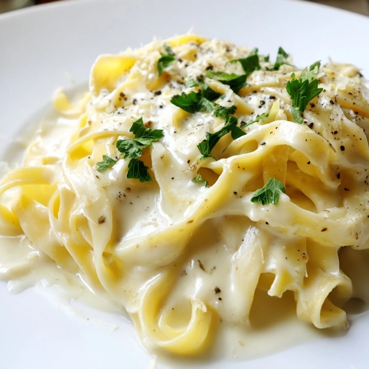 Plated Creamy Sauce over Pasta, paired with a glass of white wine for an elegant Italian dinner.