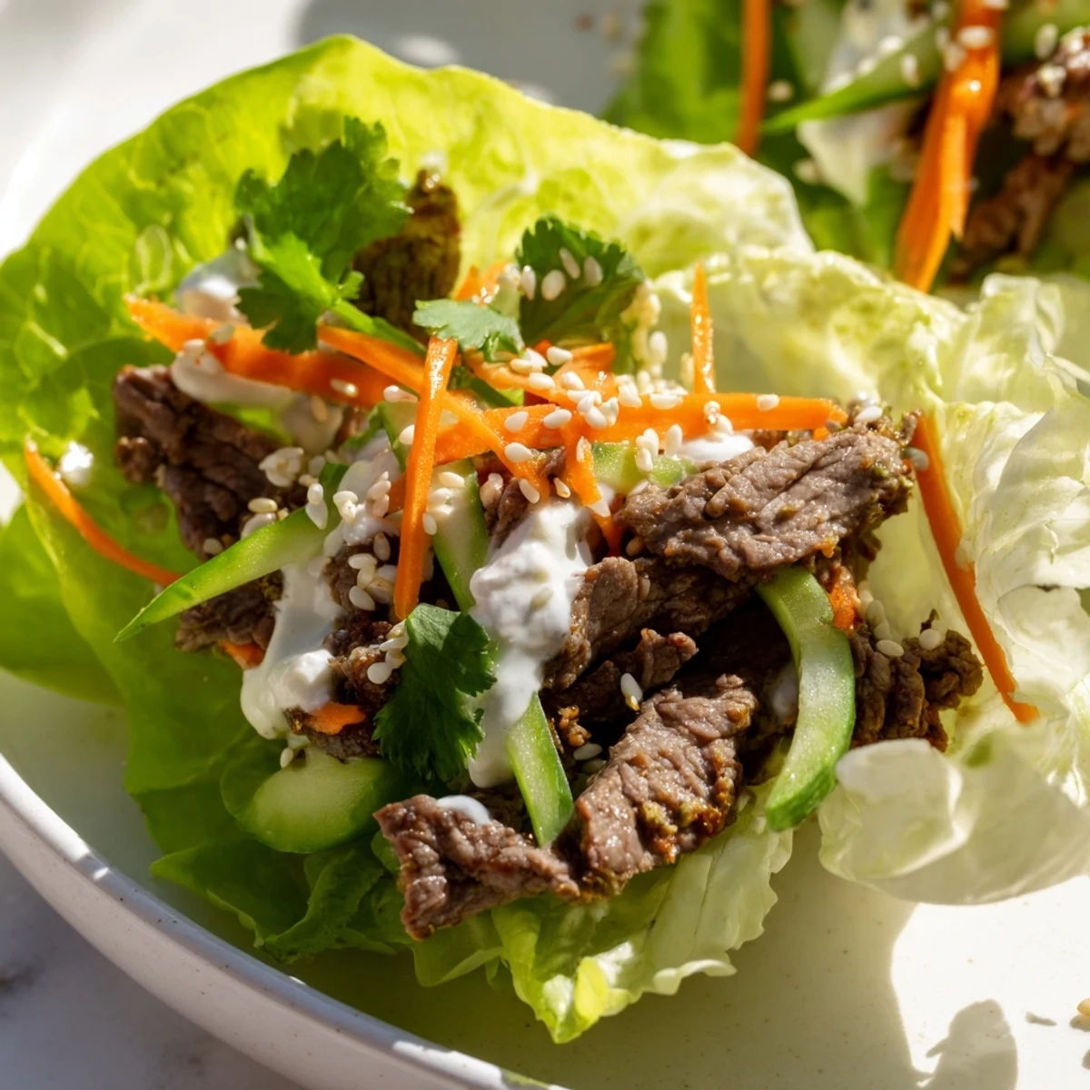 These easy Beef Wrap with Lettuce rolls are filled with tender steak, carrots, cucumbers, and herbs, ready for lunch.