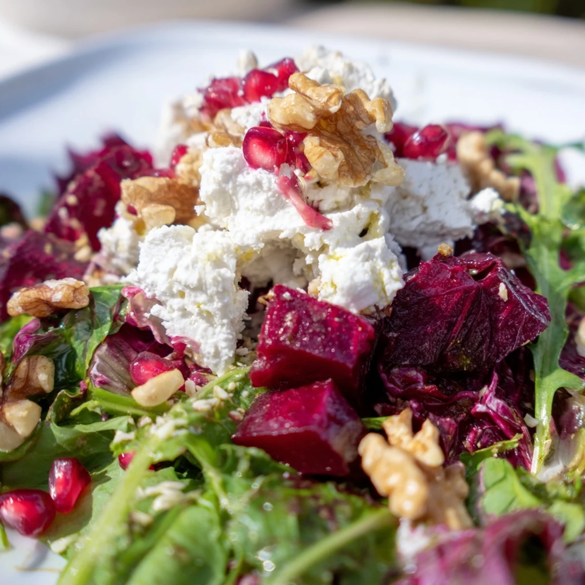 A vibrant bowl of Winter Salad Mix with crisp apples, pomegranate seeds, and tangy citrus dressing.