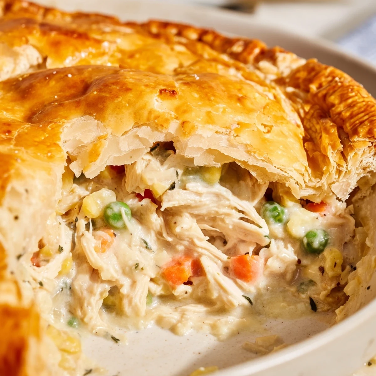 A rustic skillet shows the creamy filling for Chicken Pie Casserole next to a fresh crust.