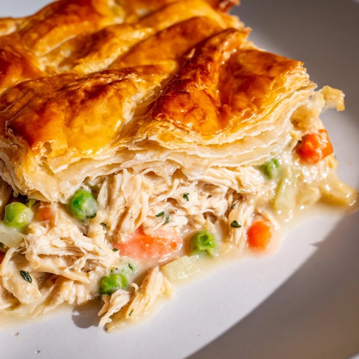 Golden, flaky crust tops a bubbling pan of creamy Chicken Pie Casserole with chicken and peas.