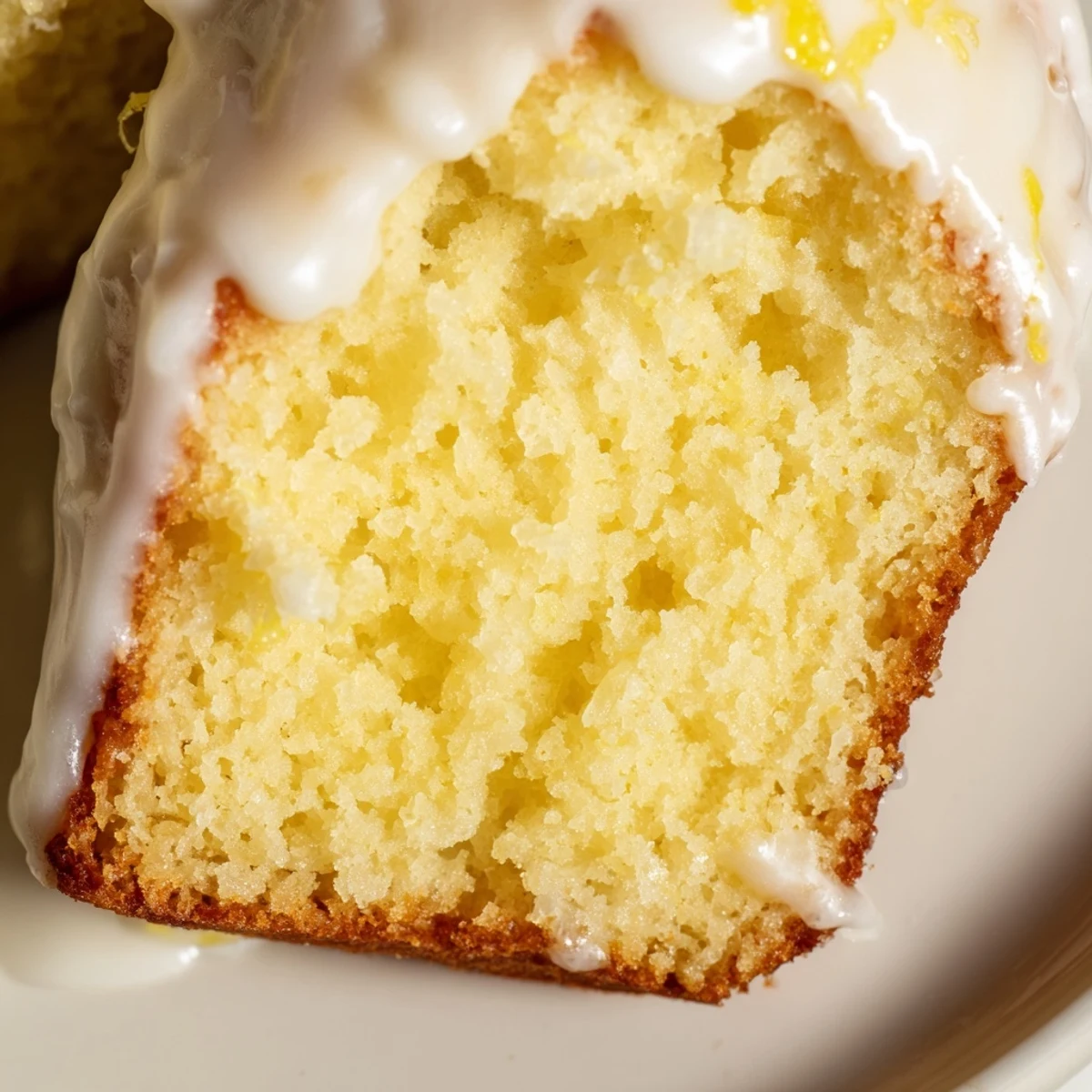 Freshly baked lemon bread loaf with a golden crust, topped with glossy lemon glaze on a marble counter.