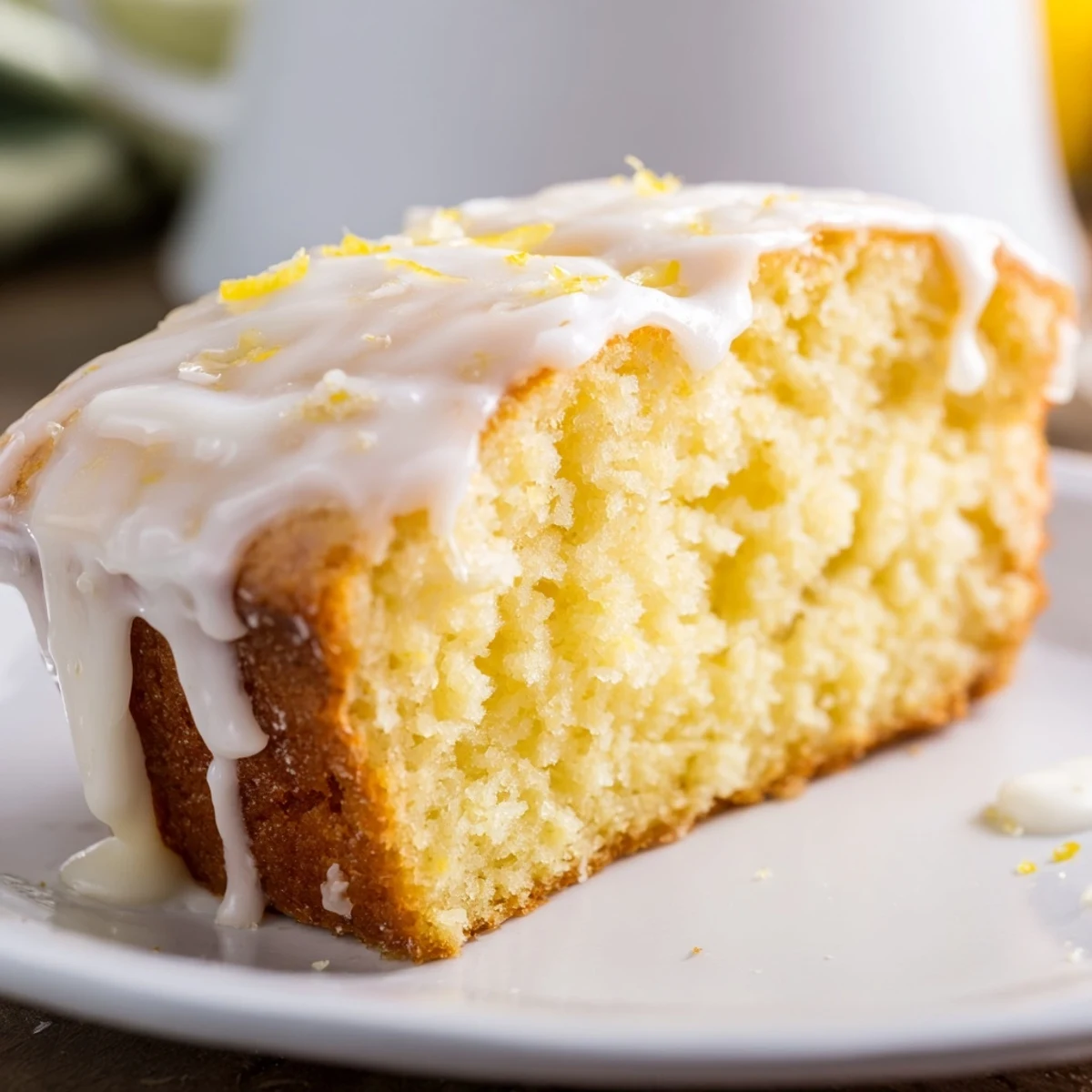 Homemade lemon bread loaf cooling on a rack, drizzled with sweet lemon glaze for afternoon snack.