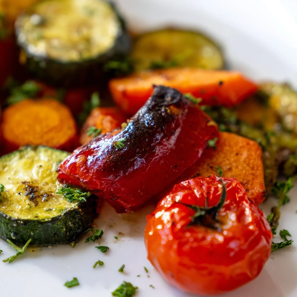 Freshly roasted vegetable mix with caramelized edges and vibrant colors, served warm as a Mediterranean side dish.