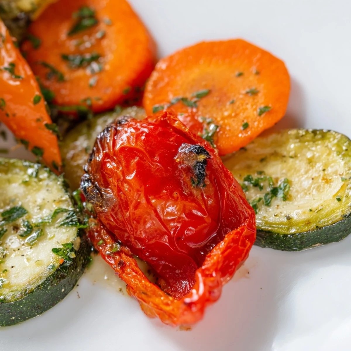 Roasted vegetable mix tossed in garlic and herbs, arranged on a baking sheet straight from the oven.