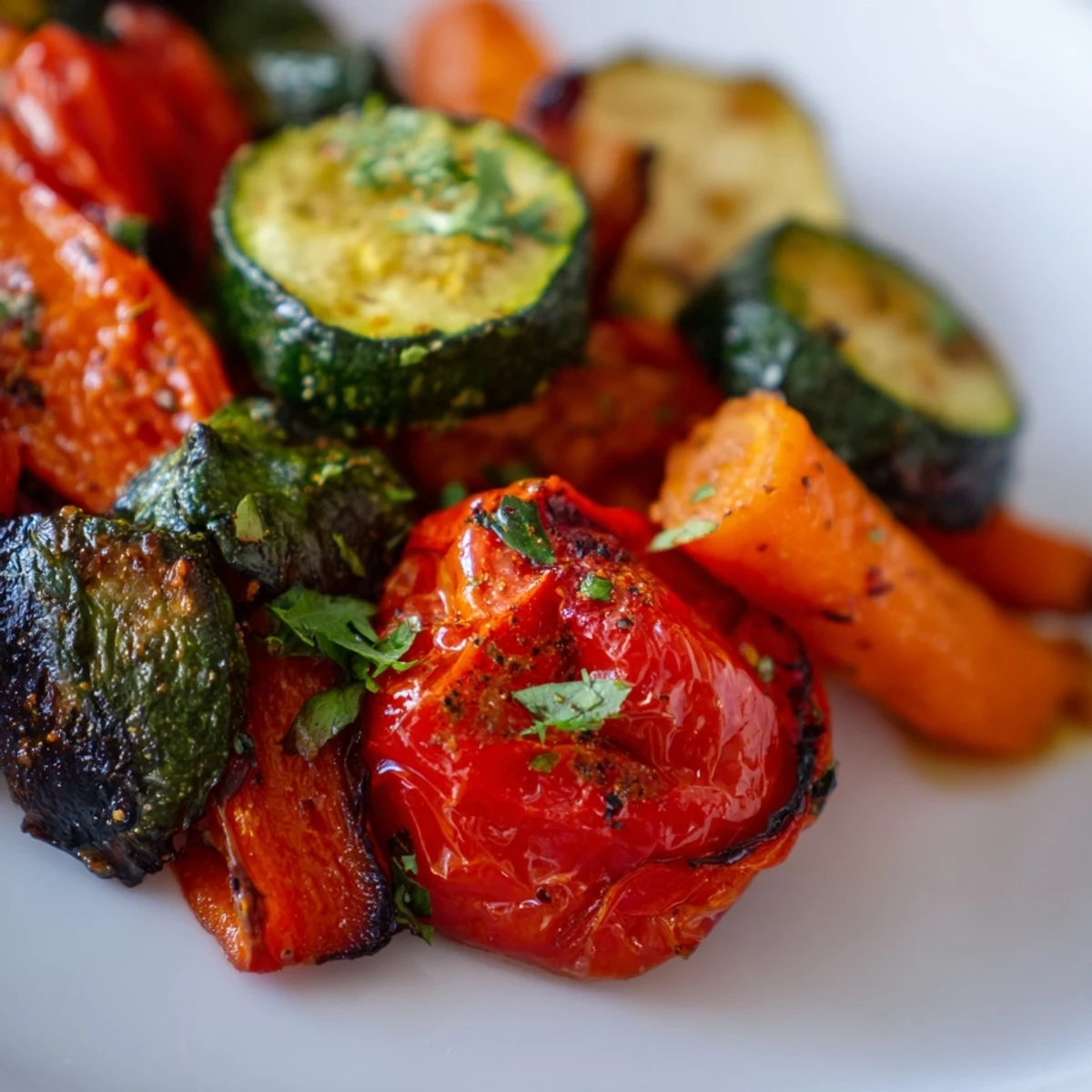 Colorful roasted vegetable mix plated with fresh parsley, ready to serve alongside grilled chicken or fish.