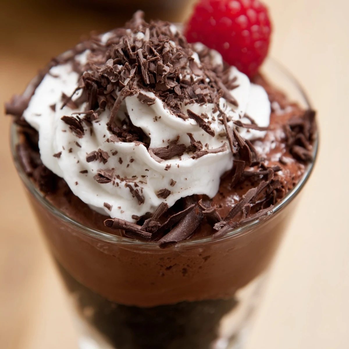 Layered Chocolate Dessert Cup garnished with fresh berries and whipped cream, served in a glass.