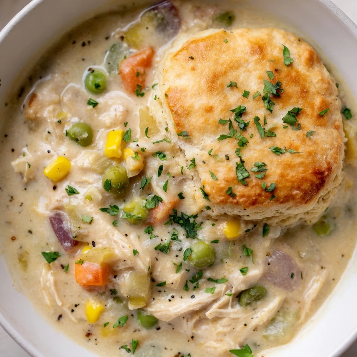Creamy Chicken Pot Pie Soup with golden biscuit topping steaming in a rustic bowl, served with fresh parsley.