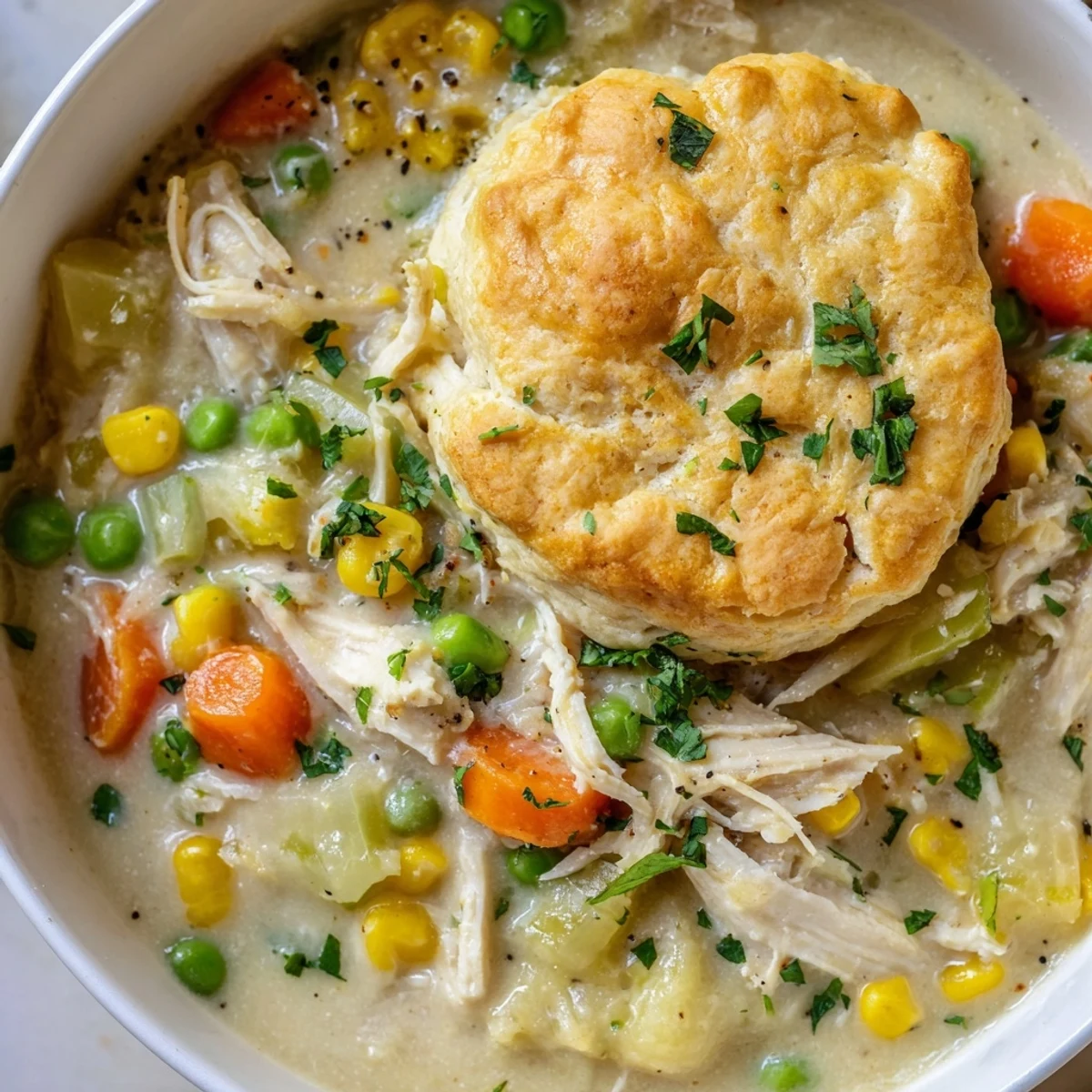 Cozy Chicken Pot Pie Soup bubbling in a Dutch oven, topped with freshly baked biscuits and fresh parsley garnish.
