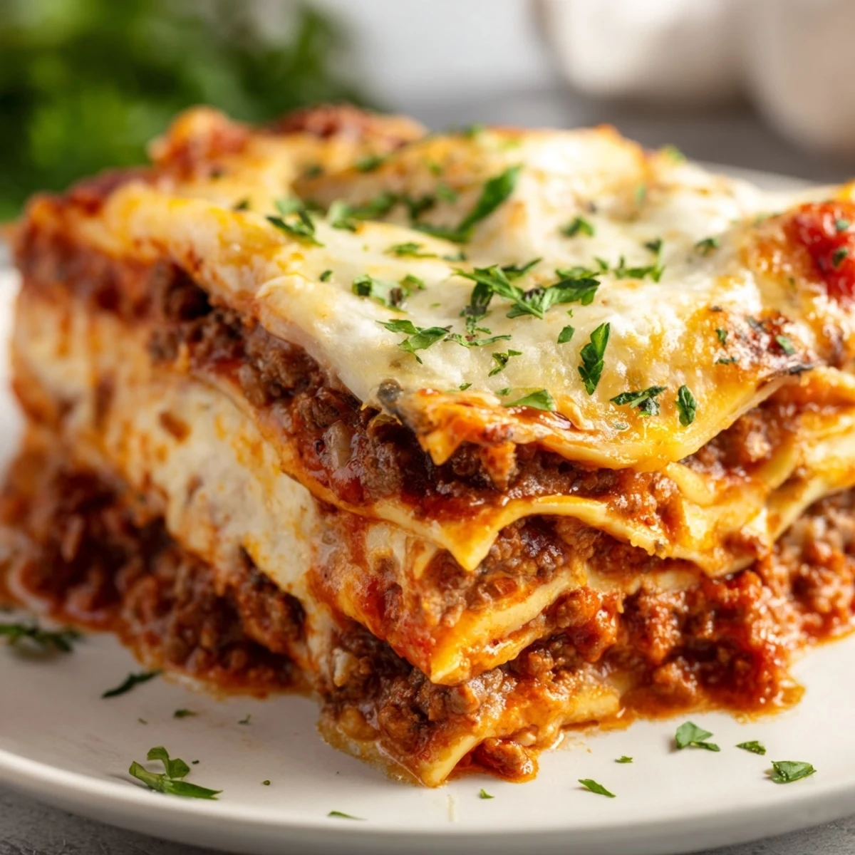 Freshly baked Classic Beef Lasagna with golden bubbly mozzarella and rich red marinara sauce, served hot from the oven.