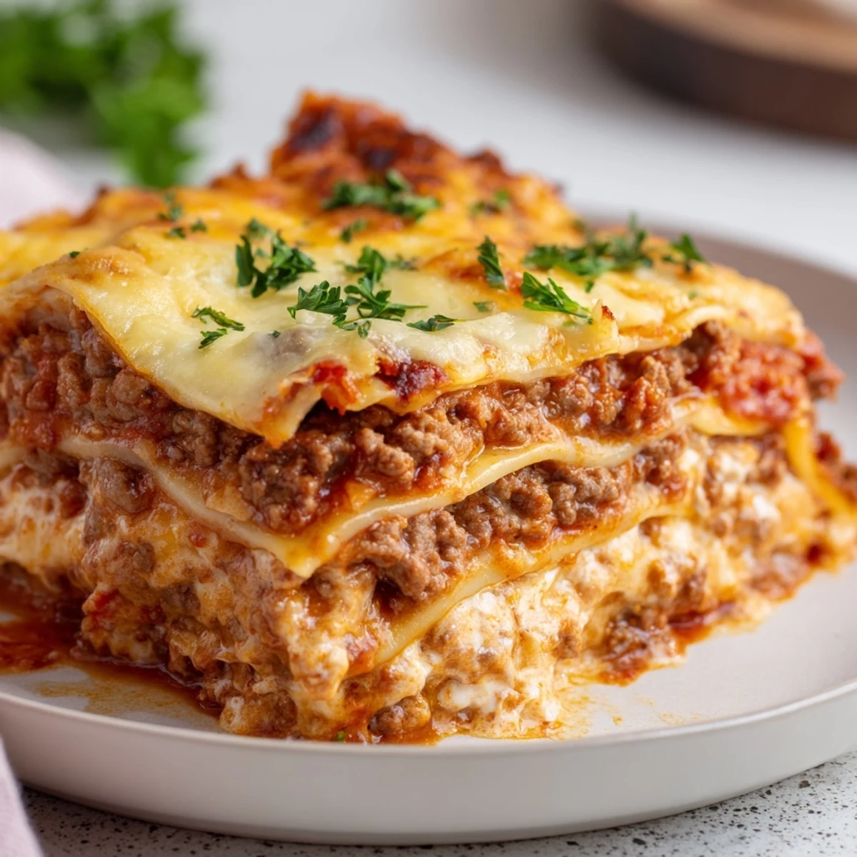Slices of Classic Beef Lasagna reveal distinct layers of beef ragù, creamy ricotta, and tender pasta in a white baking dish.