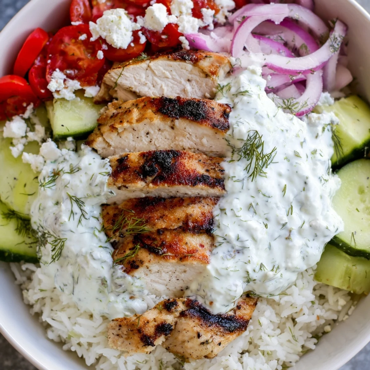Greek Chicken Gyro Bowls with Tzatziki feature grilled chicken, fresh veggies, and fluffy rice, drizzled with creamy sauce.