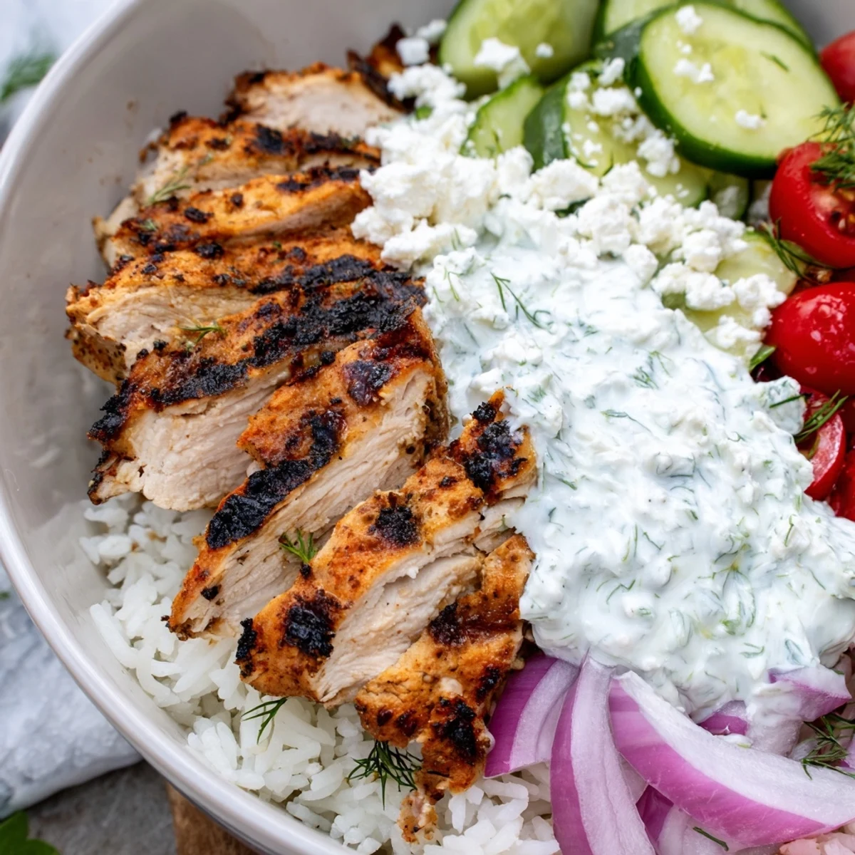 A hearty serving of Greek Chicken Gyro Bowls with Tzatziki, topped with feta, olives, and vibrant lemon wedges.