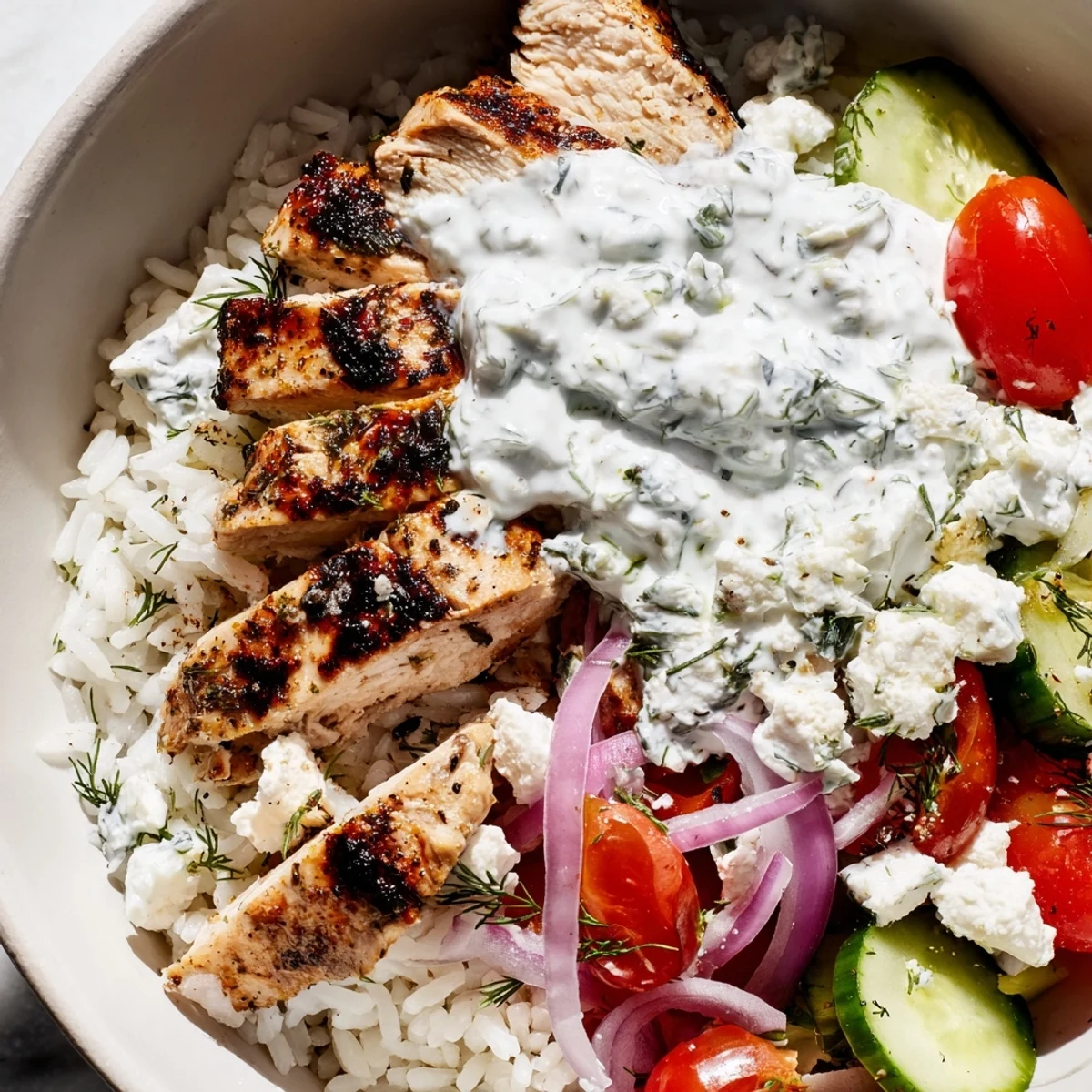 Colorful Greek Chicken Gyro Bowls with Tzatziki on a platter, showcasing marinated meat, diced cucumbers, and rich, creamy dip.