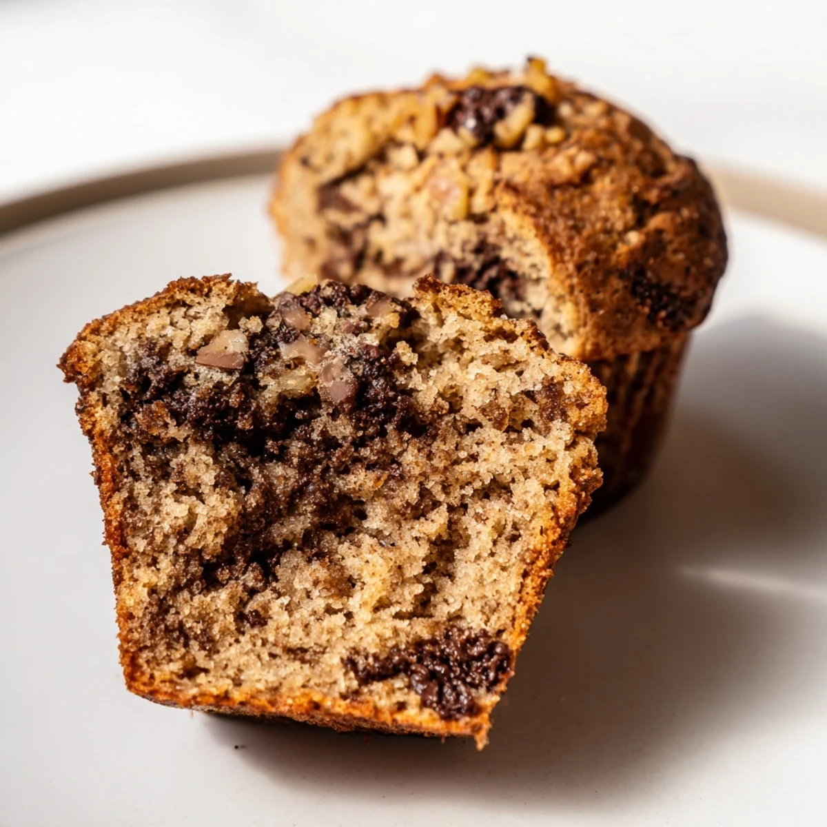 Freshly baked Chocolate Chip Banana Bread Muffins with melty chocolate chips on a rustic kitchen counter.