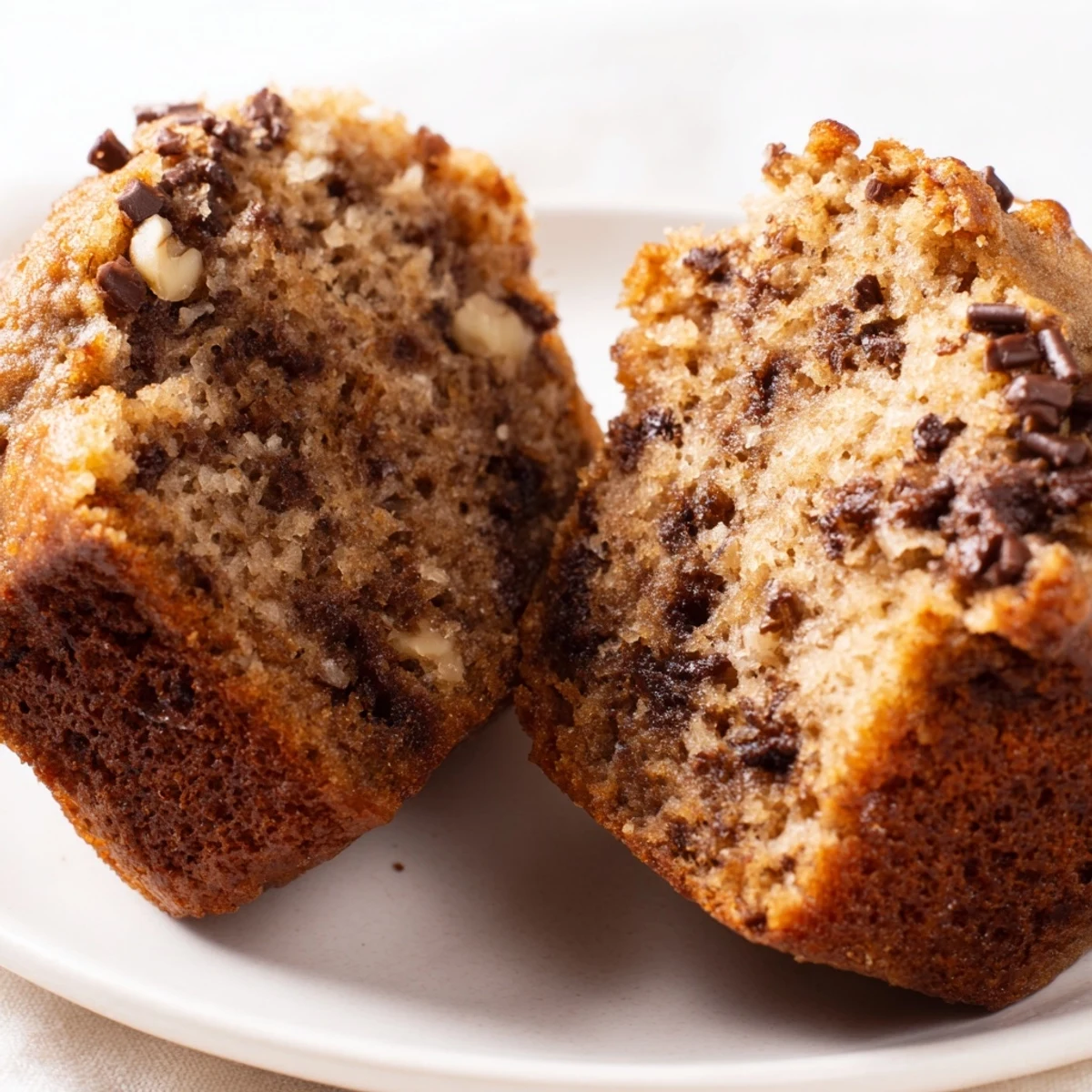 Warm Chocolate Chip Banana Bread Muffins are pulled from a muffin tin, steam rising.