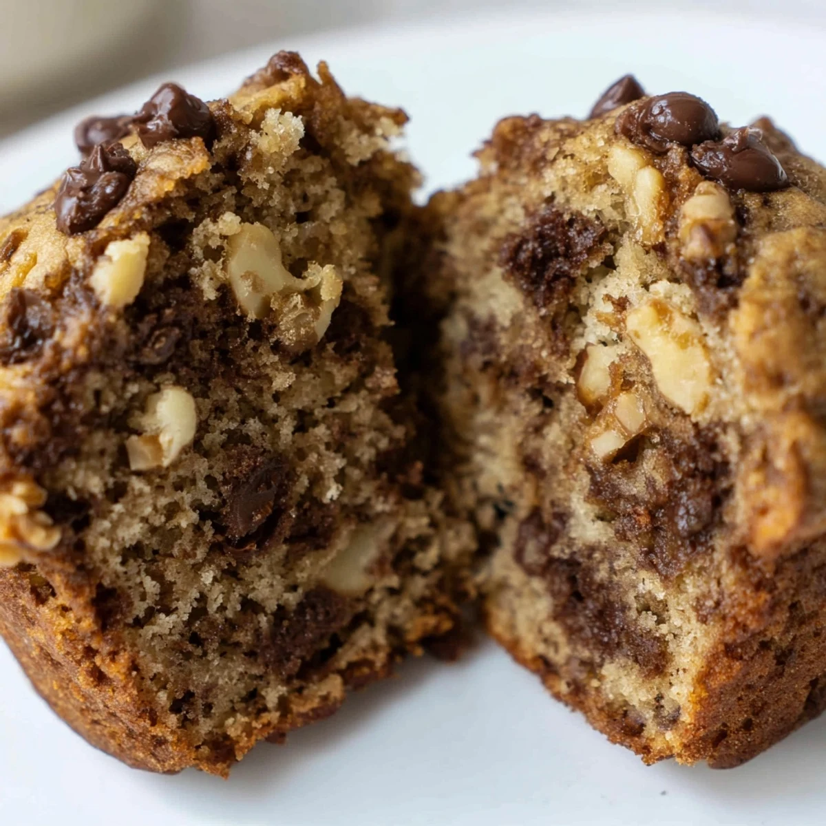 Golden-brown Chocolate Chip Banana Bread Muffins are served on a plate next to a cup of coffee.