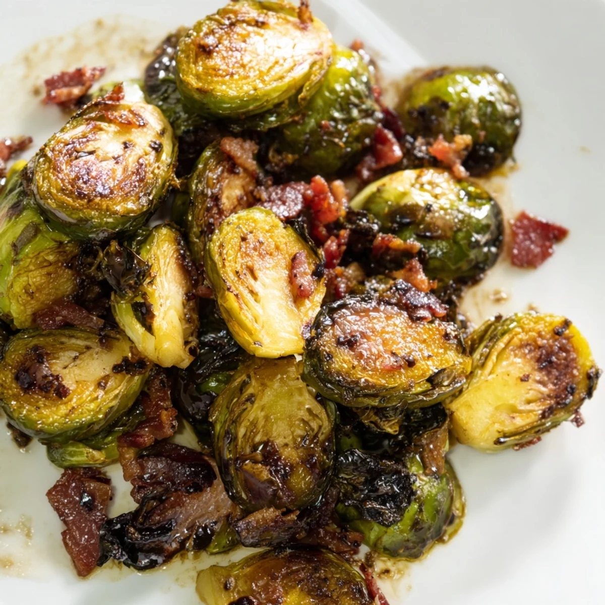 Golden-brown roasted Brussels sprouts with crispy turkey bacon and balsamic glaze on a rustic platter.