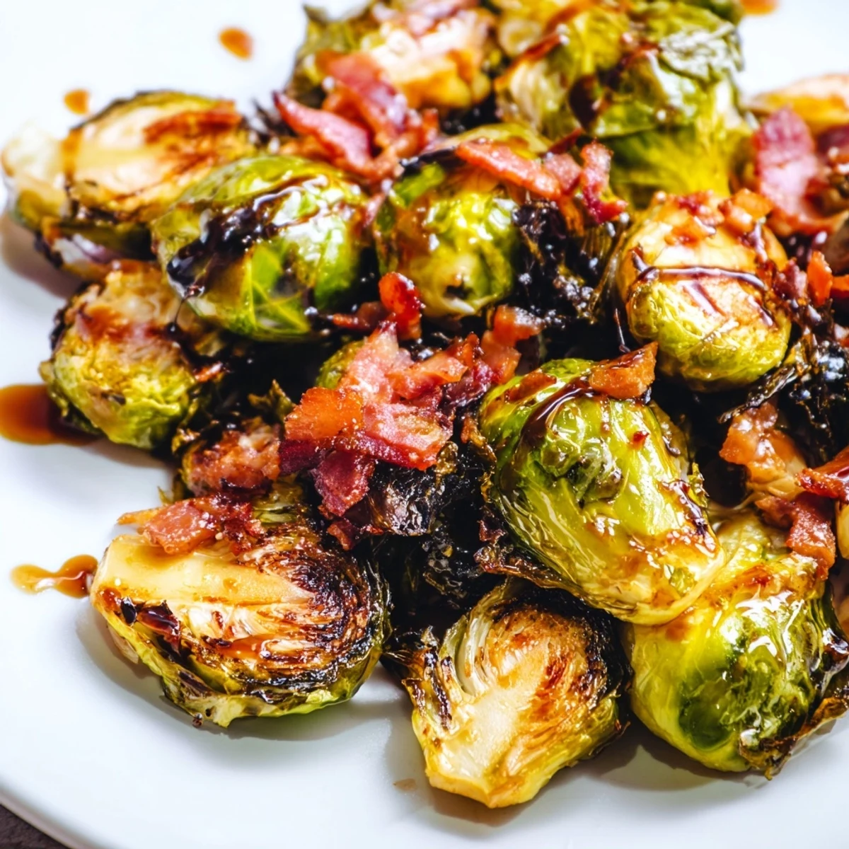 Roasted Brussels sprouts with turkey bacon served warm alongside roast chicken for a family dinner.