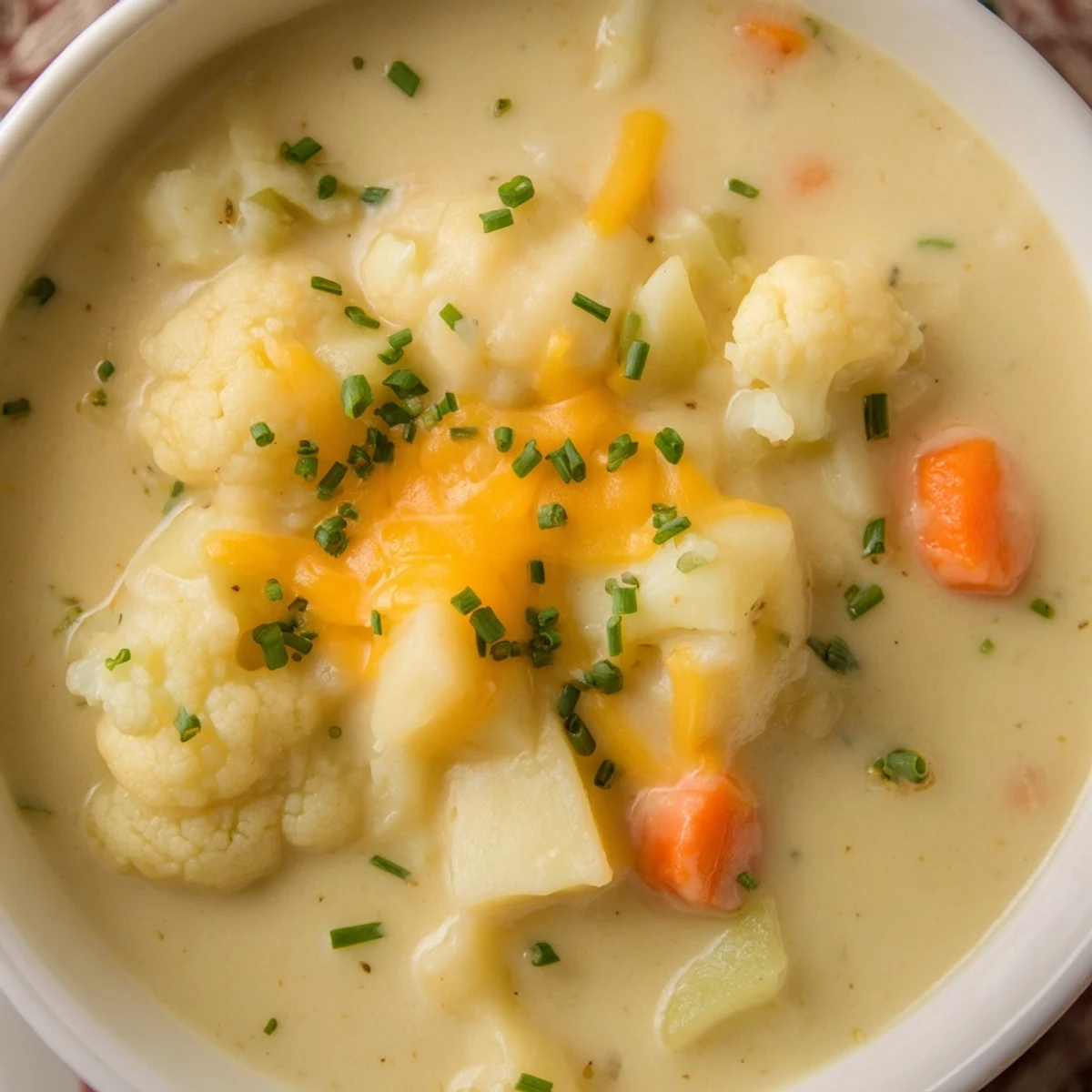 Steamy bowl of Creamy Cauliflower Chowder with Cheddar, topped with fresh chives and extra cheese.