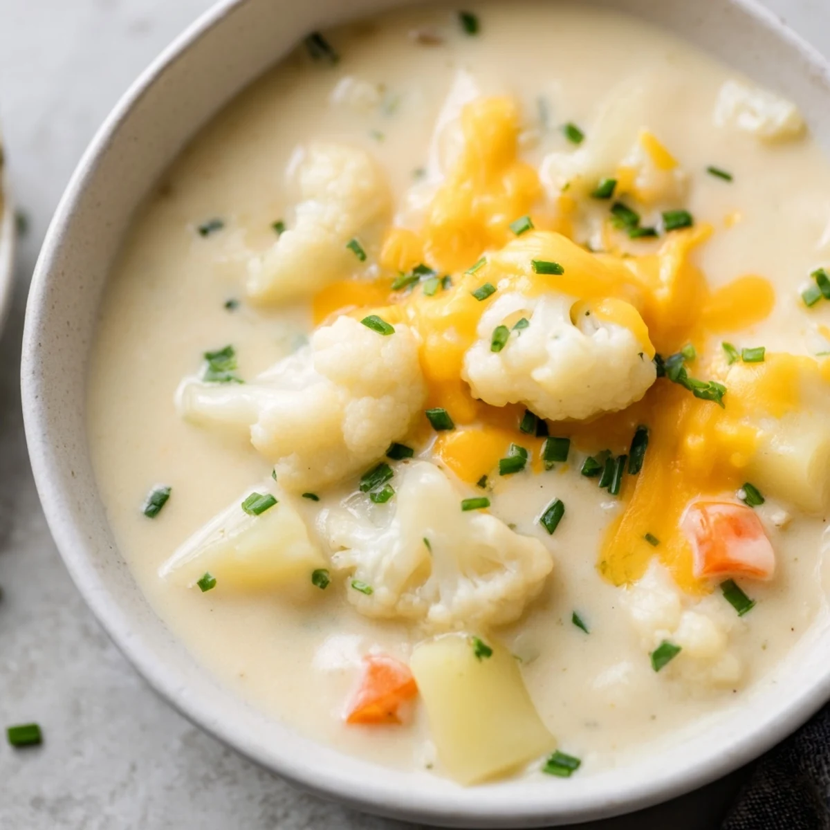 Hearty Creamy Cauliflower Chowder with Cheddar ladled into a rustic bowl, ready to serve.