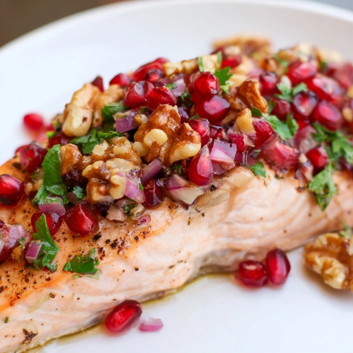 Golden-brown baked salmon fillets topped with vibrant red pomegranate arils and toasted walnuts.