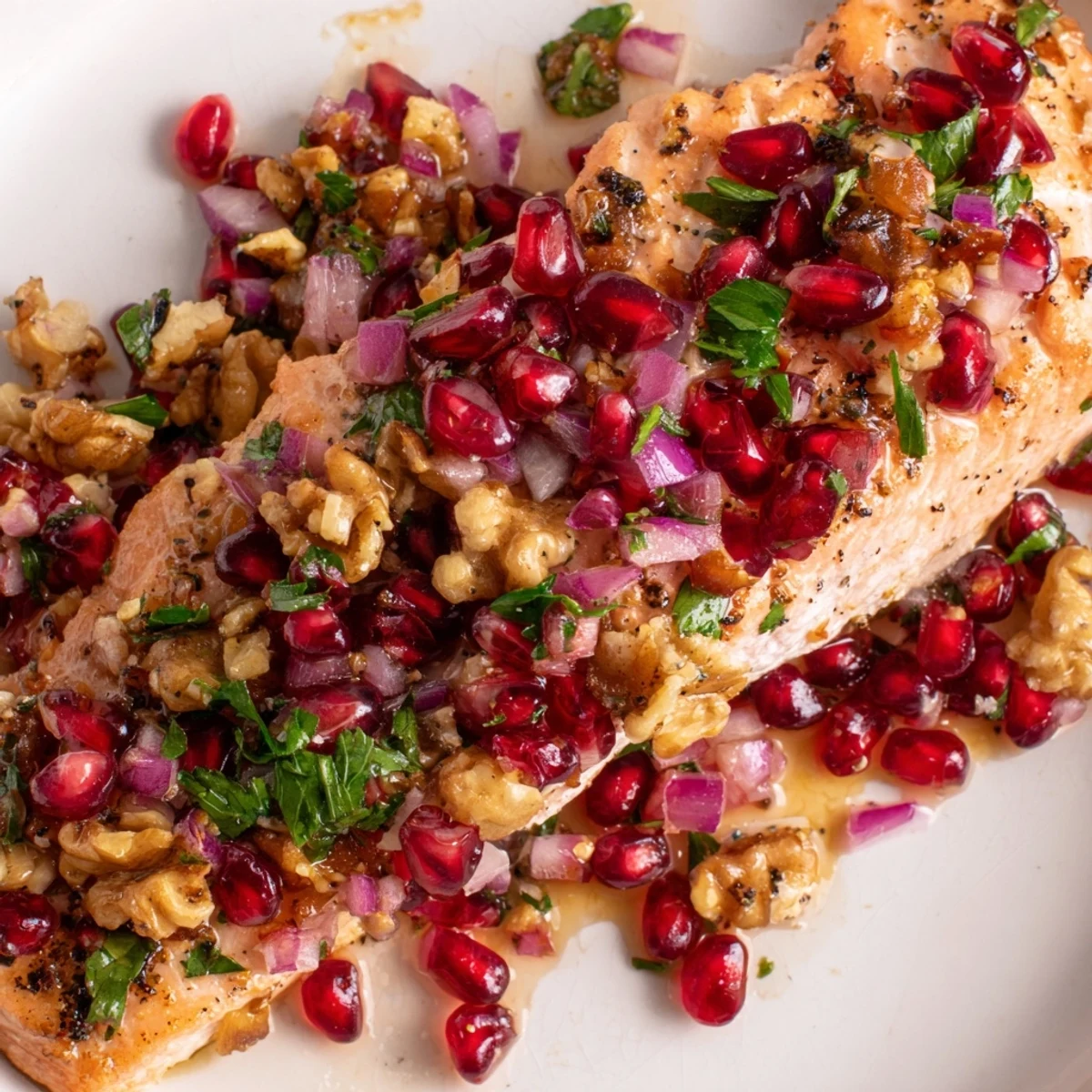 Baked Salmon with Pomegranate Walnut Salsa glistens with olive oil and fresh lemon zest.