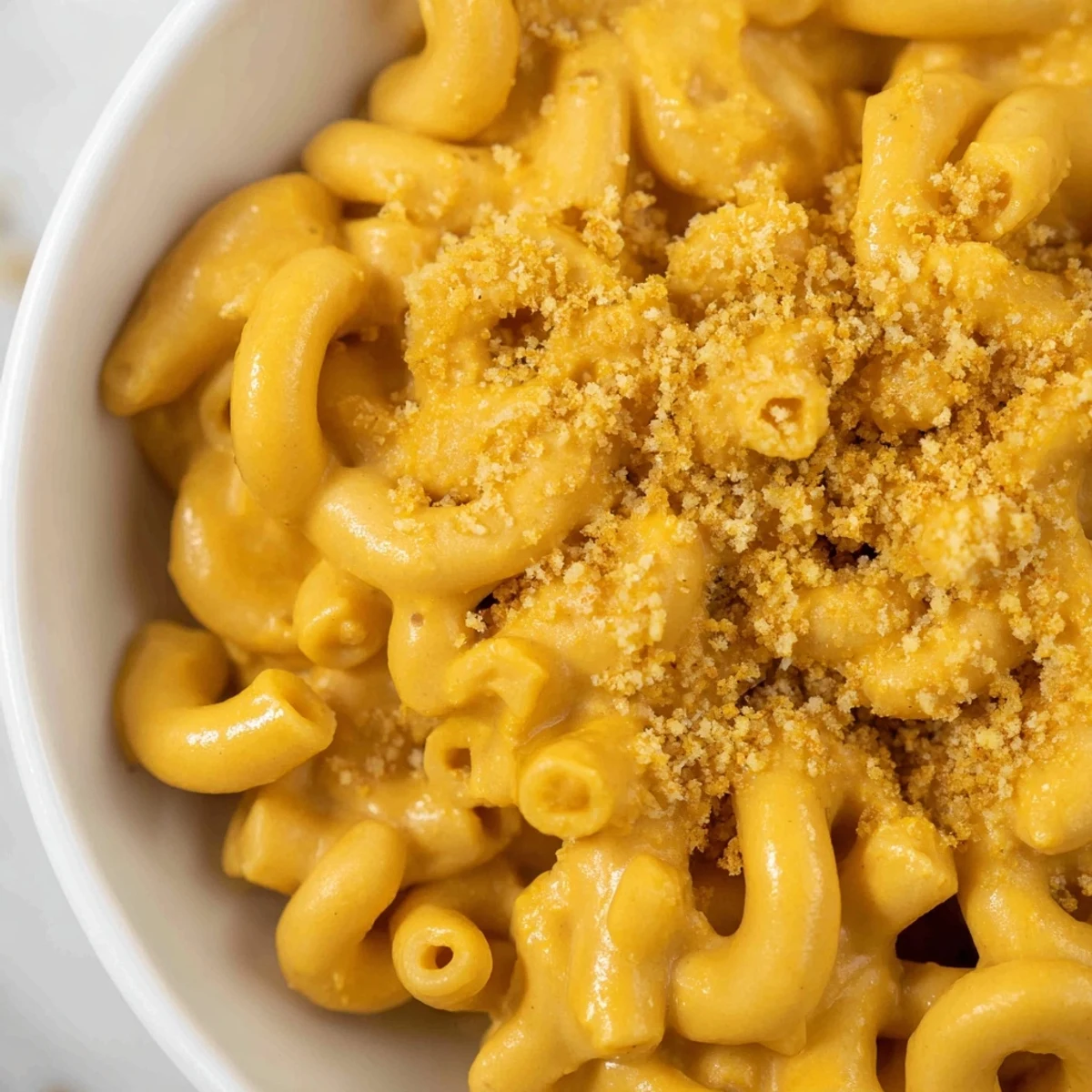 Creamy Vegan Butternut Squash Mac and Cheese in a white bowl, garnished with herbs.
