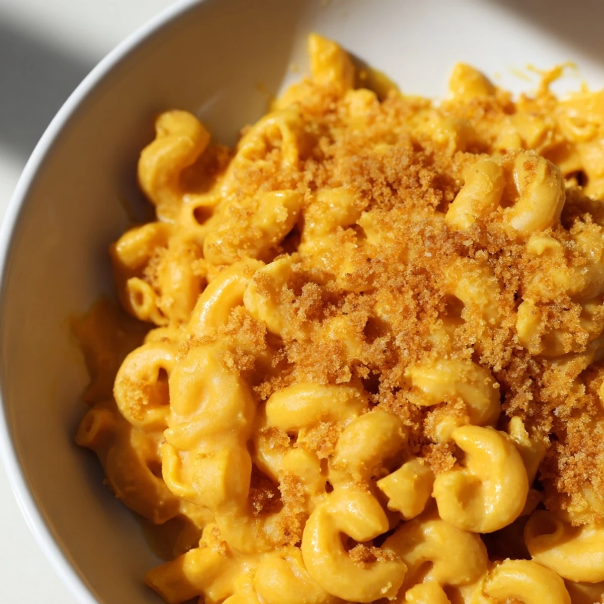 A bowl of Vegan Butternut Squash Mac and Cheese topped with crispy golden breadcrumbs.