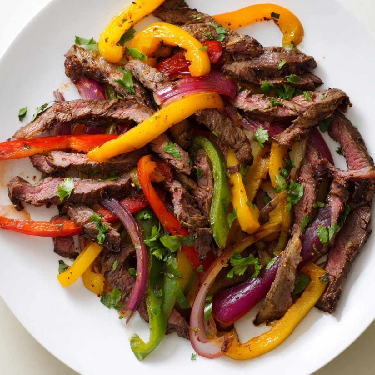 Golden-brown strips of steak, red onions, and roasted peppers sizzling on a sheet pan for Sheet Pan Steak Fajitas.