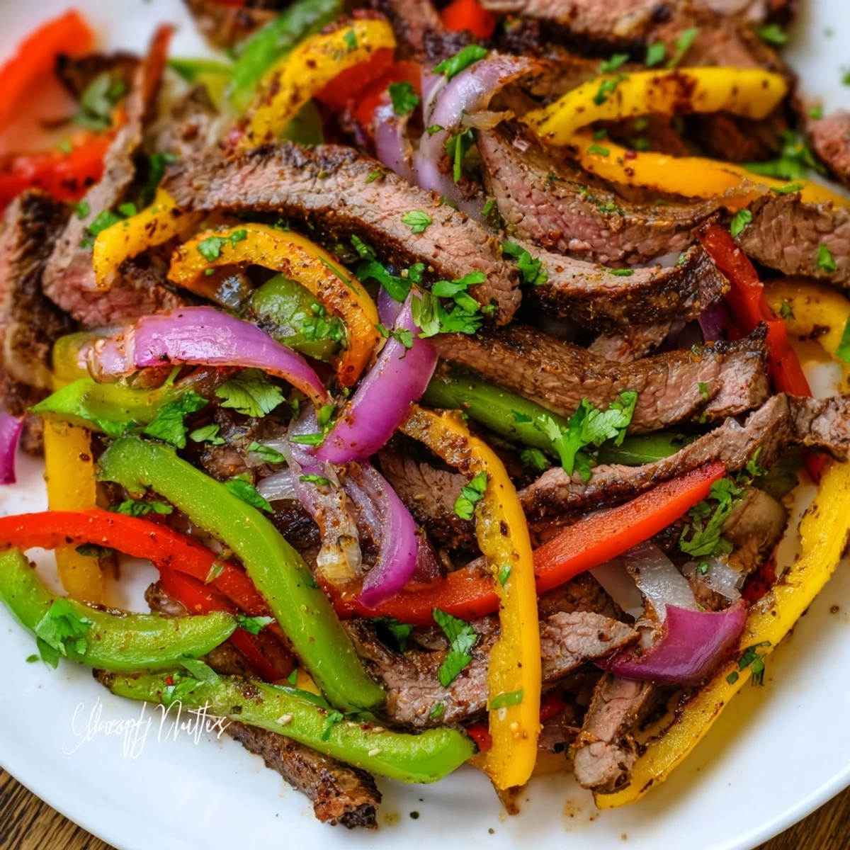 A close-up of juicy Sheet Pan Steak Fajitas with vibrant peppers and onions, garnished with fresh cilantro and lime wedges.