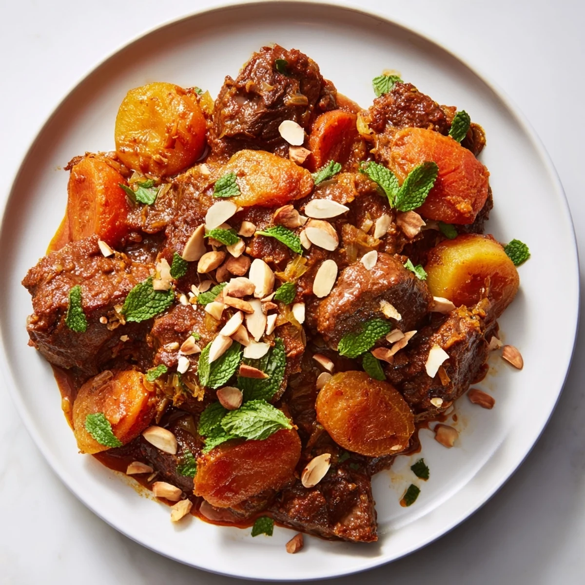 Tender chunks of Slow Cooker Moroccan Lamb Tagine with Apricots served over fluffy couscous with fresh cilantro.