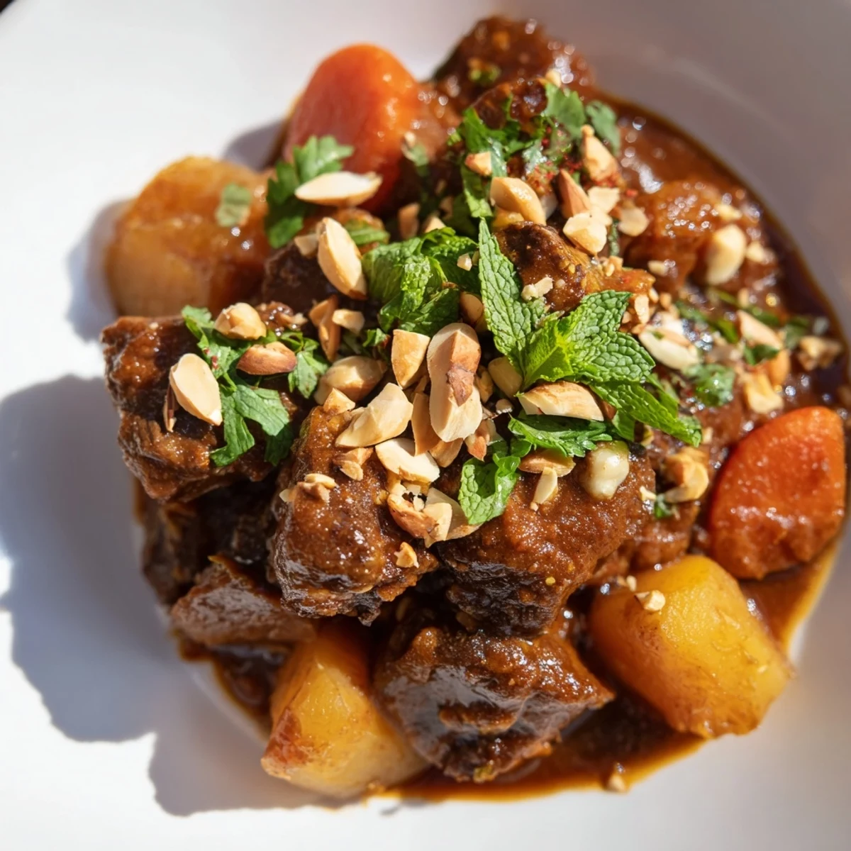 Slow Cooker Moroccan Lamb Tagine with Apricots steaming in a ceramic slow cooker, revealing tender lamb and sweet dried fruit.