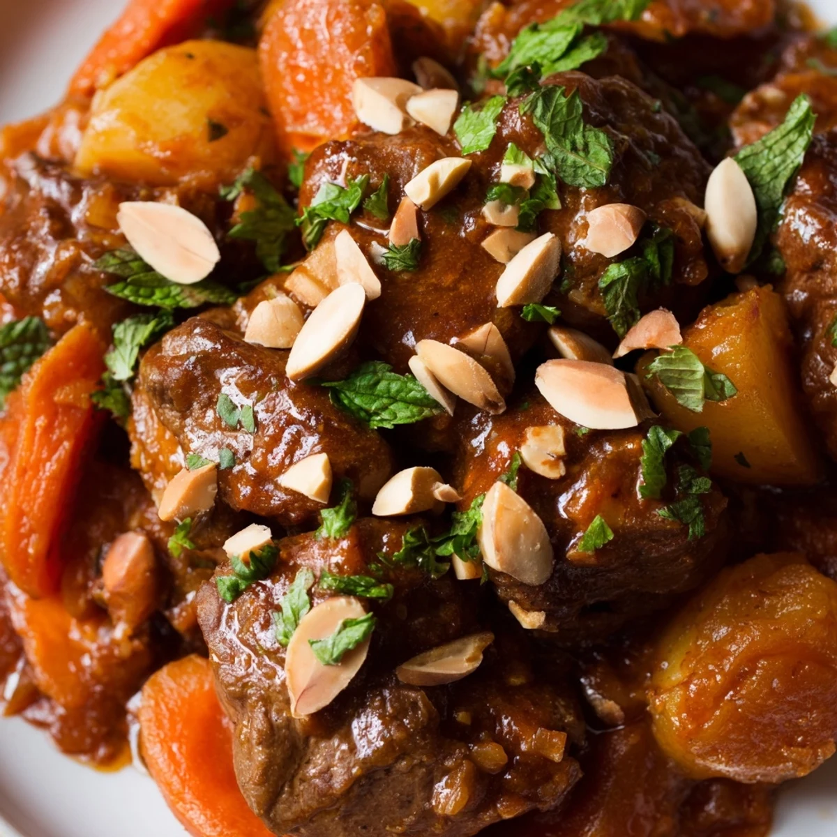 A ladle pours rich Slow Cooker Moroccan Lamb Tagine with Apricots into a bowl, garnished with toasted almonds.