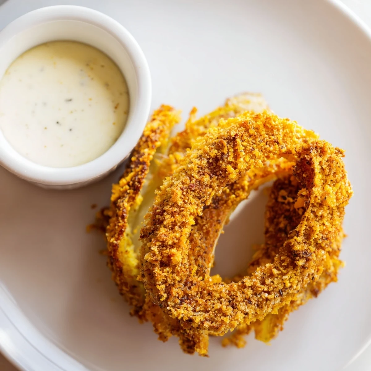 Golden-brown crispy air fryer onion rings piled on a plate with a small bowl of tangy homemade burger sauce for dipping.