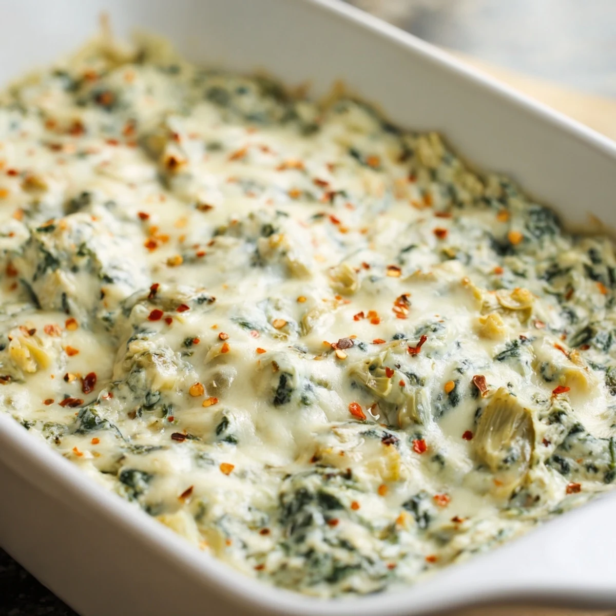Warm Spinach and Artichoke Dip with Crudités served bubbling hot from the oven next to fresh veggies.