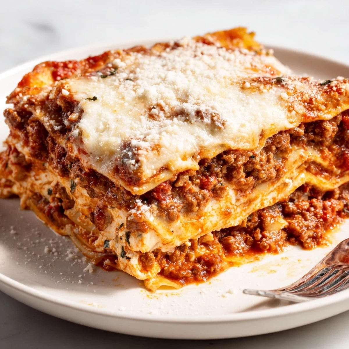 Golden, bubbling mozzarella tops a slice of Classic Beef Lasagna, revealing hearty layers of rich meat sauce and creamy ricotta. 