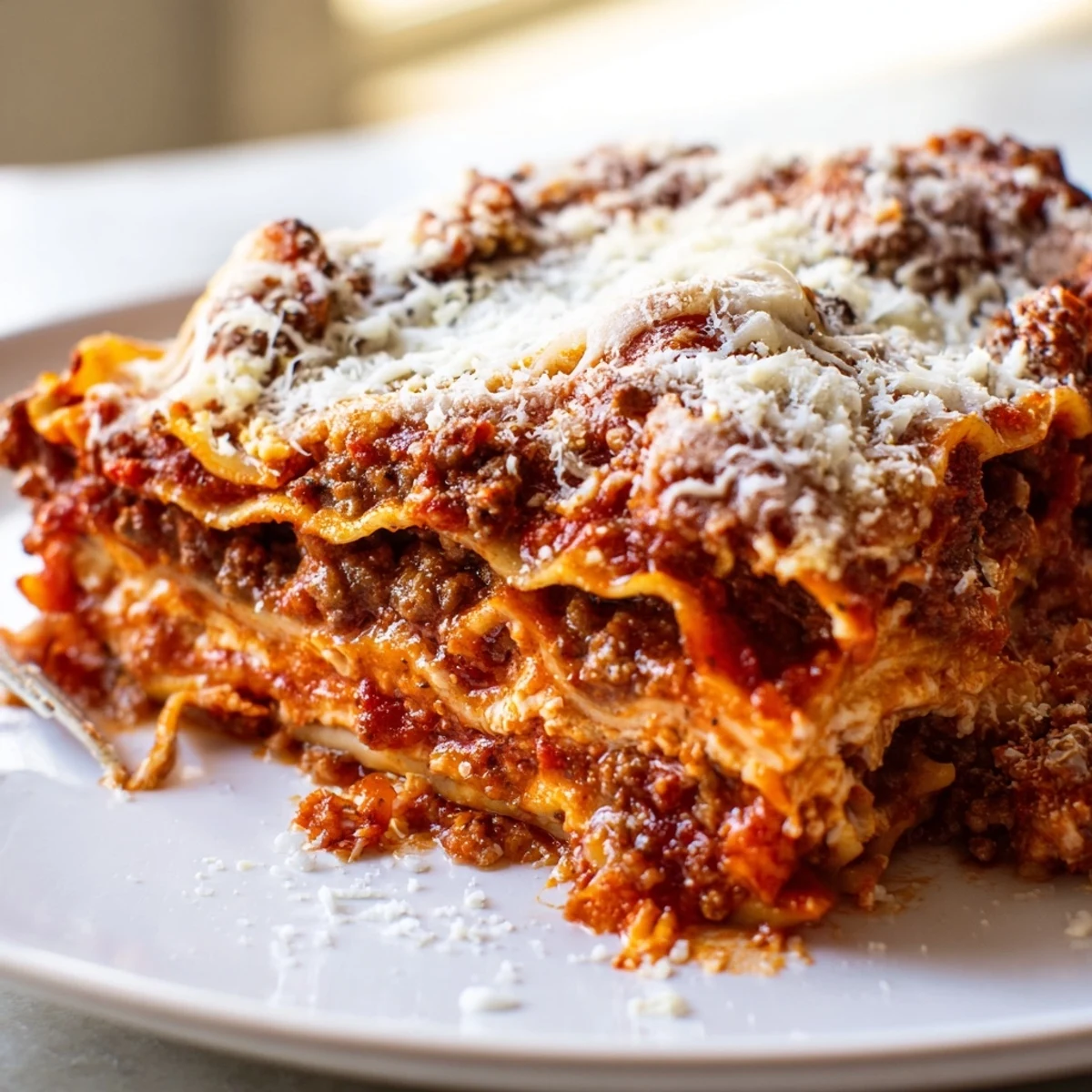 Fork slicing into a cheesy Classic Beef Lasagna with homemade meat sauce, served warm on a rustic plate. 
