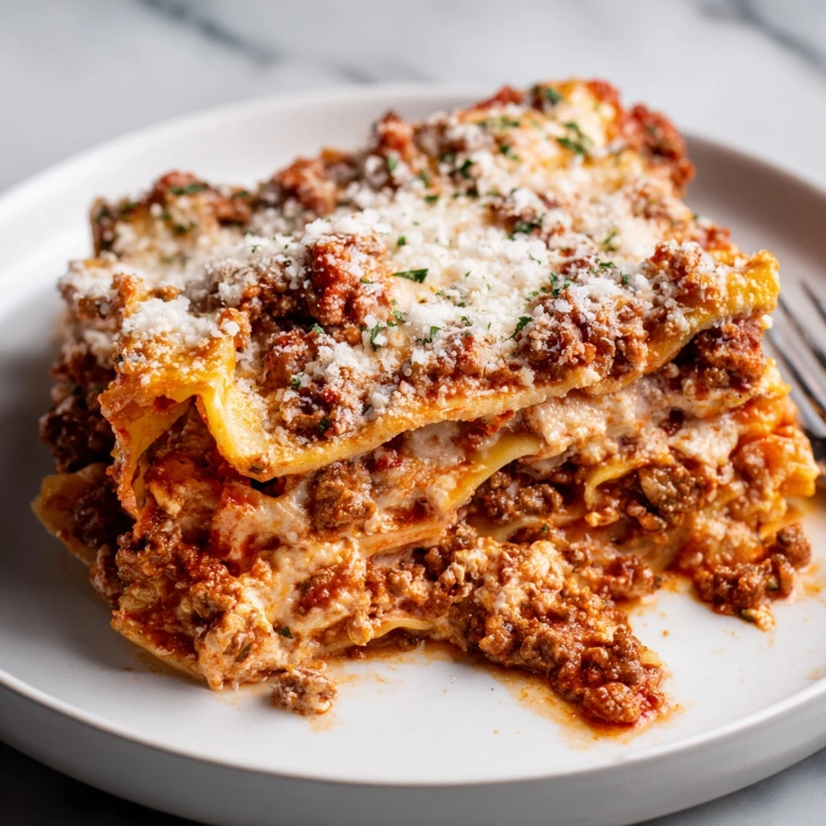 Freshly baked Classic Beef Lasagna with bubbling cheese and rich meat sauce, ready to be served.