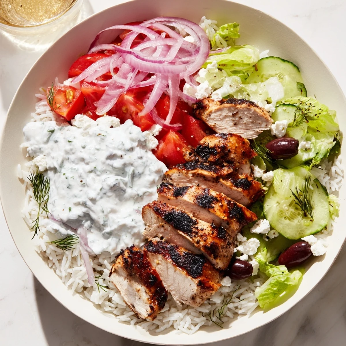 Greek Chicken Gyro Bowls with Tzatziki and Tomato served with fluffy rice, chopped lettuce, and ripe diced tomatoes.