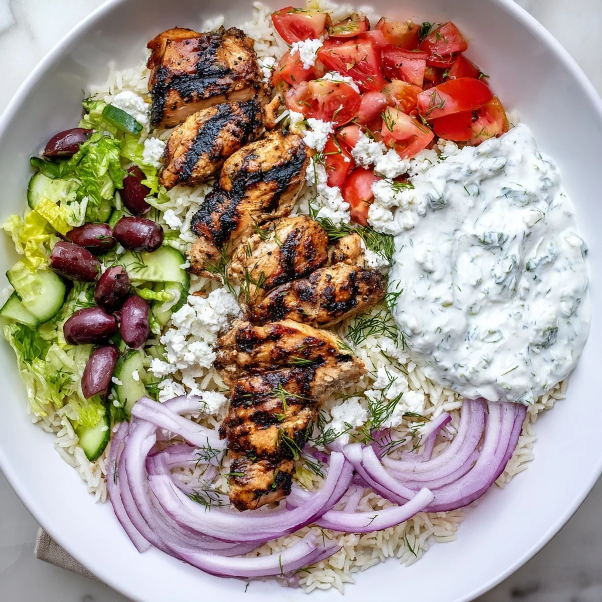 Freshly grilled Greek Chicken Gyro Bowls with Tzatziki and Tomato topped with feta, Kalamata olives, and sliced red onion.