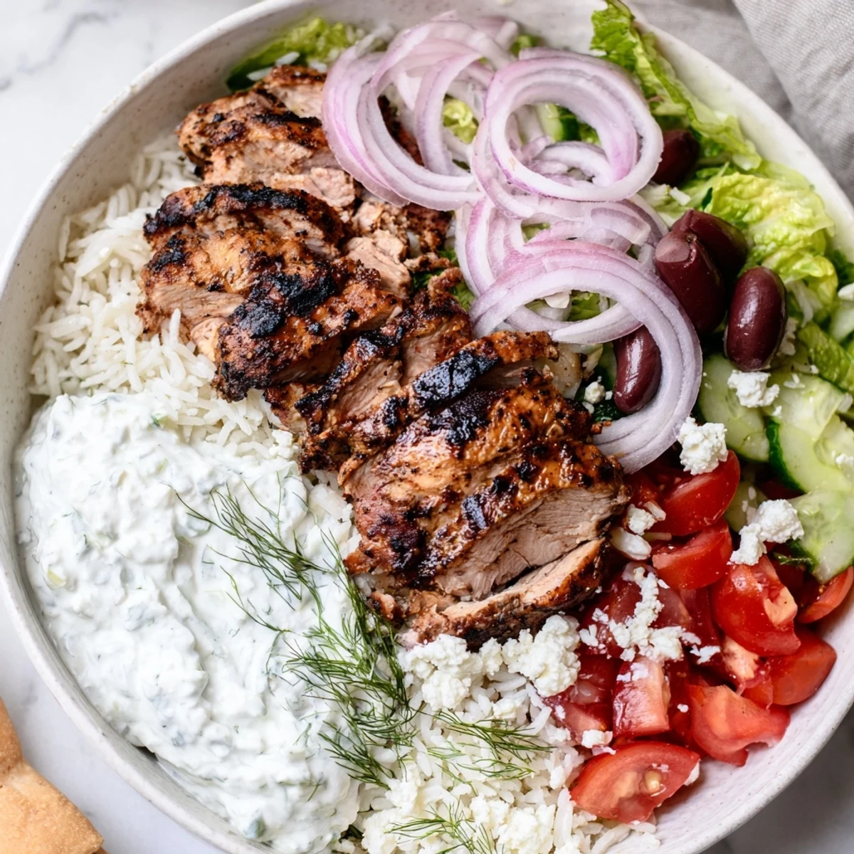 Sizzling Greek Chicken Gyro Bowls with Tzatziki and Tomato garnished with dill, ready to serve with warm pita bread.