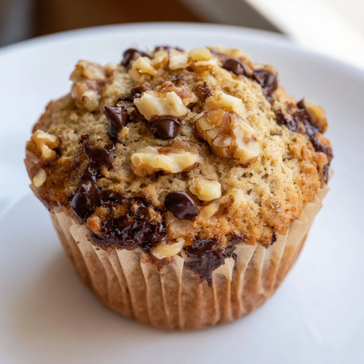 Freshly baked Chocolate Chip Banana Bread Muffins with Walnuts cooling on a wire rack, showing gooey chocolate chunks and toasted nuts.