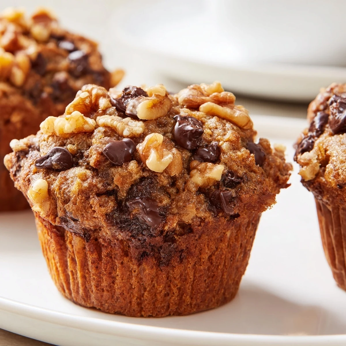 Golden-brown Chocolate Chip Banana Bread Muffins with Walnuts lined up on a platter, ready for breakfast or an afternoon snack.