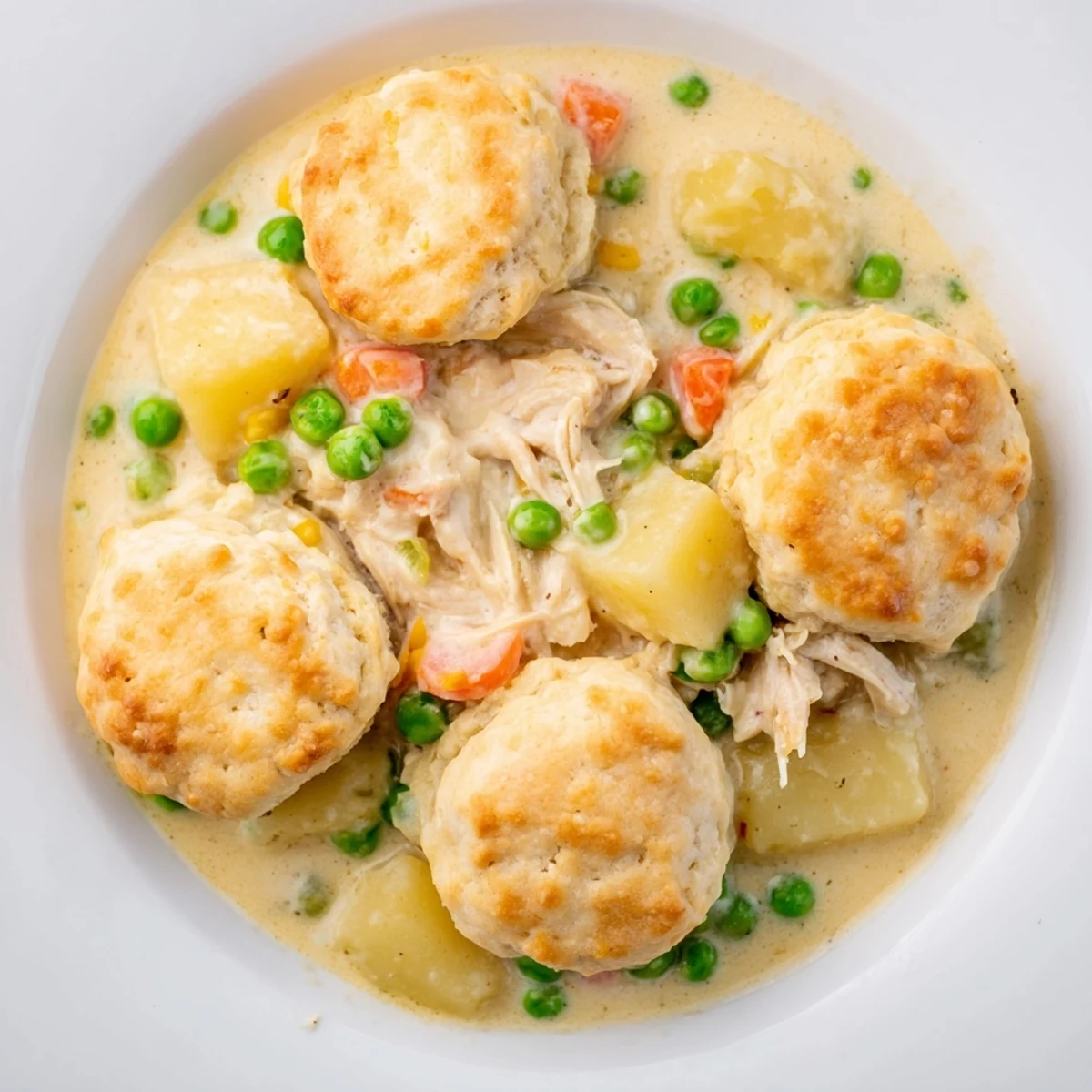 Golden brown buttermilk biscuits bake over creamy Chicken Pot Pie Soup with peas and corn visible.