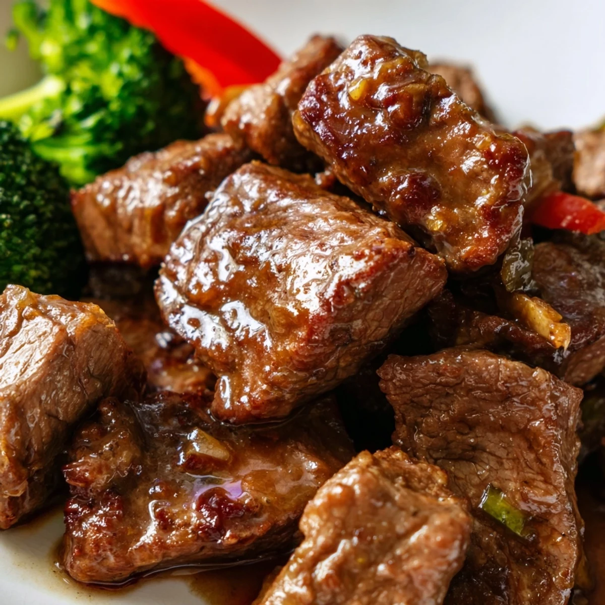 Beef and Broccoli Stir Fry with Garlic Soy Sauce served over fluffy white rice in a ceramic bowl.