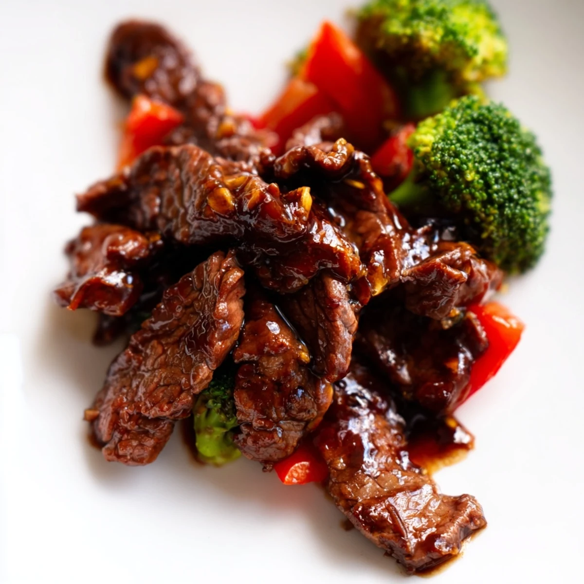 Sizzling sliced beef and vibrant green broccoli florets tossed in a rich garlic soy sauce in a wok.