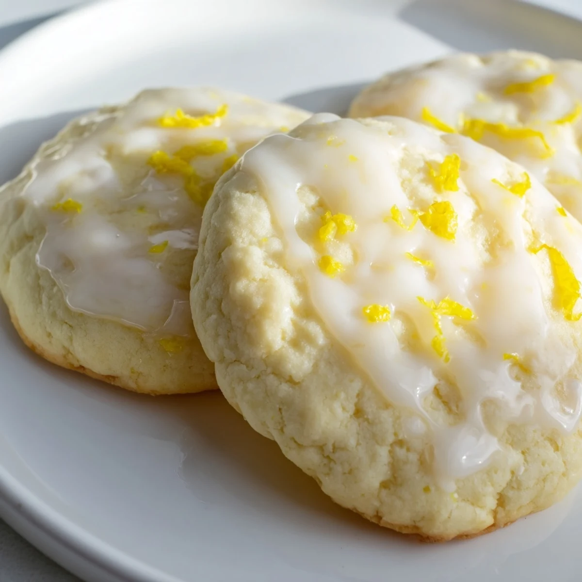 Soft, pillowy Lemon Ricotta Cookies with tangy sweet lemon glaze, garnished with fresh lemon zest.